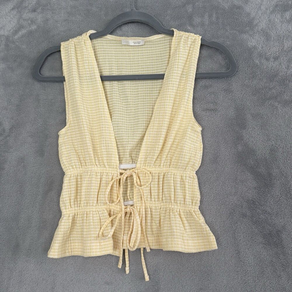 Zara Tie Front Top Womens Small Pale Yellow White Sleeveless Summer Blouse